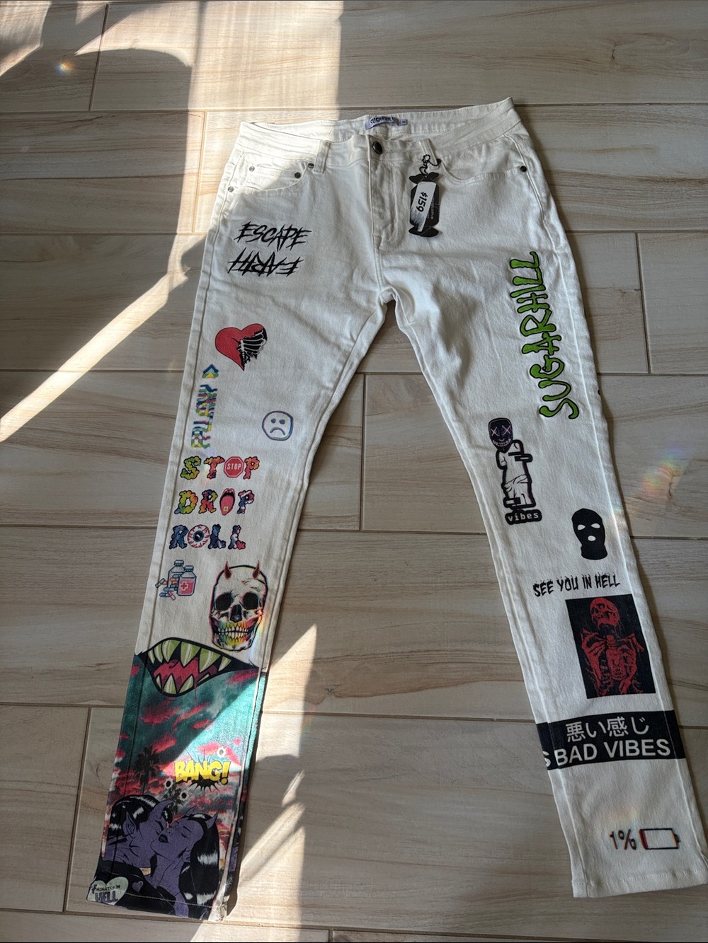 White Skinny Jeans with Multicolor Graphic Prints - Streetwear Style
